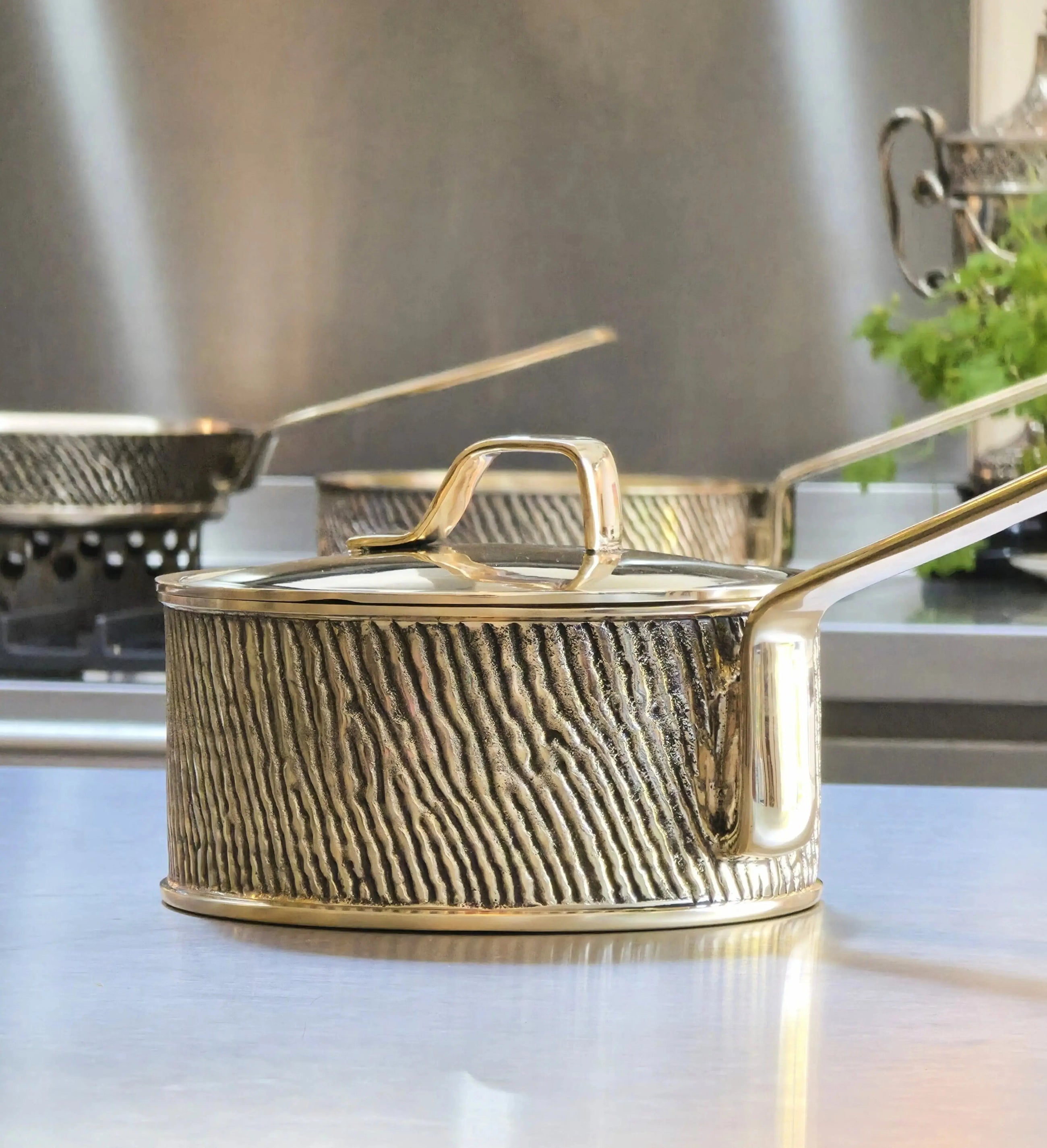 Close-up of luxury PFAS-free uncoated Kansa bronze saucepan with welded handle