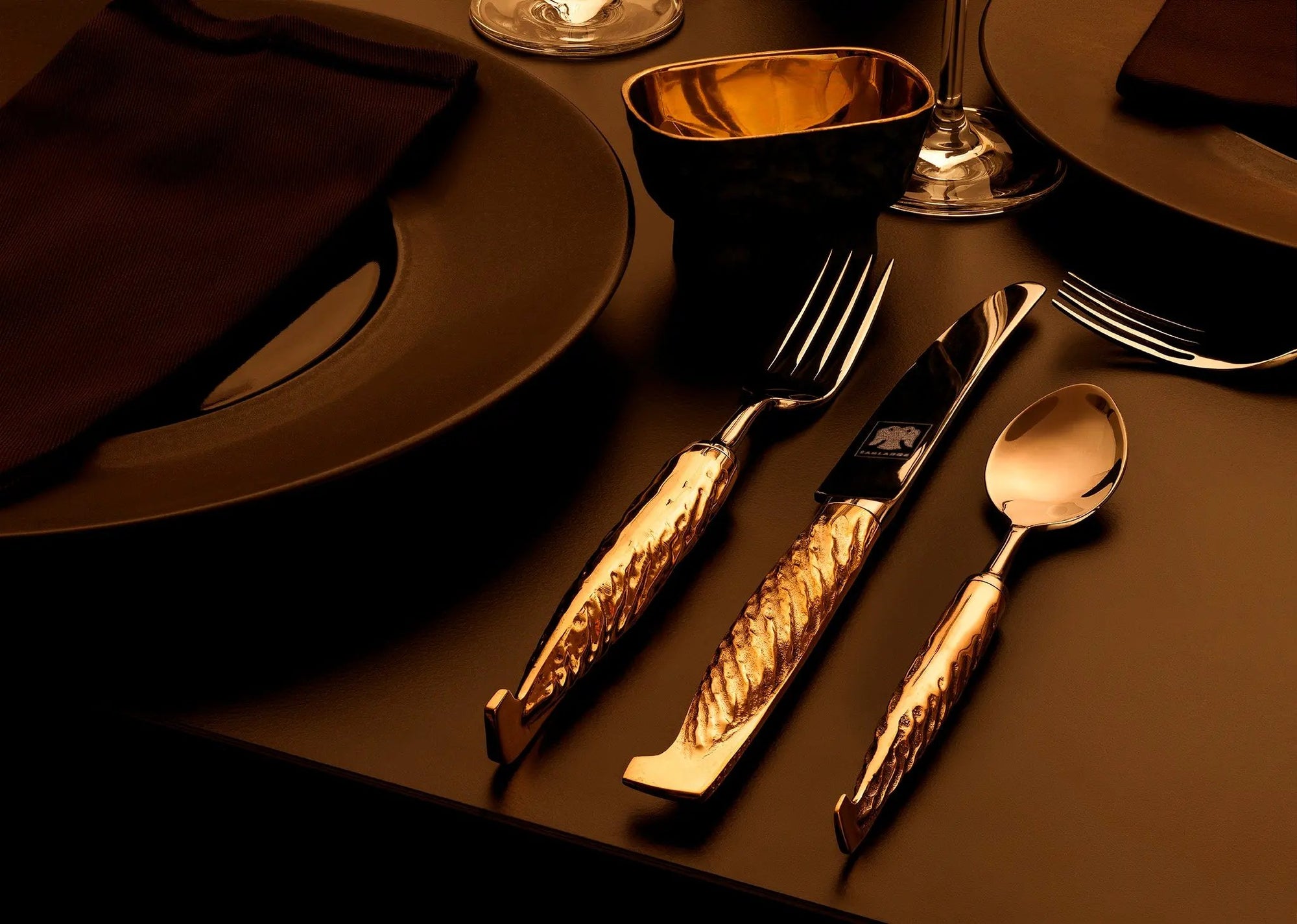 Close-up of Eaglador bronze cutlery pieces in standard set – durable, heirloom-quality spoons, forks, and knives.