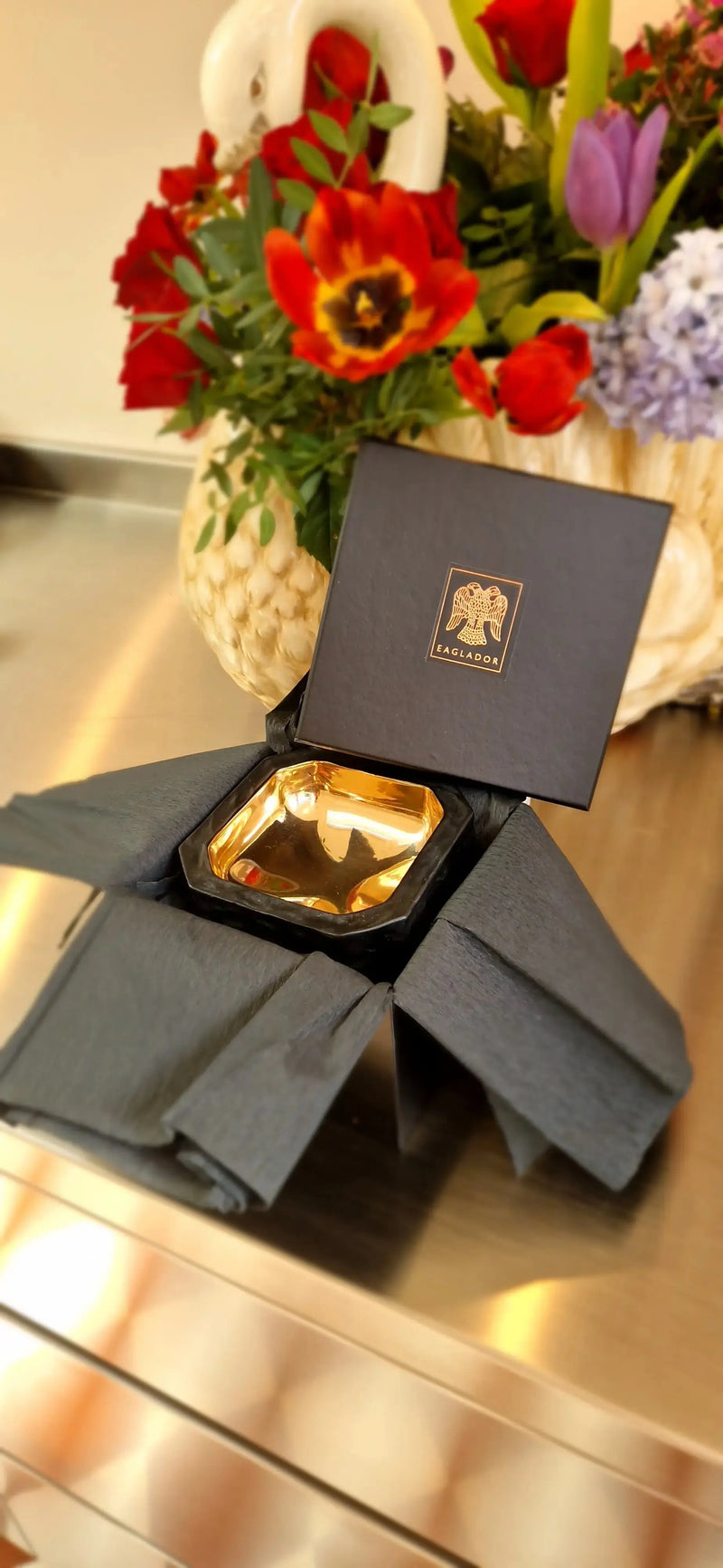 "Eaglador bronze ashtray seen in a giftbox - Luxury UK Homewares".