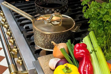 Stovetop with a pot and lid, surrounded by vegetables and herbs