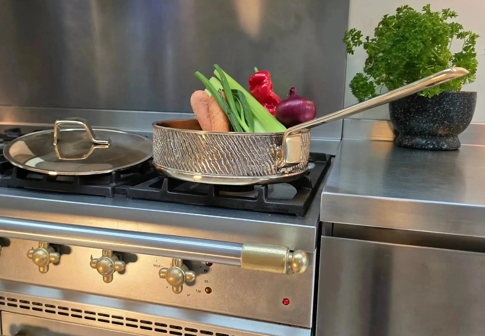 Luxury PFAS-free uncoated Kansa bronze sauté pan cooking food